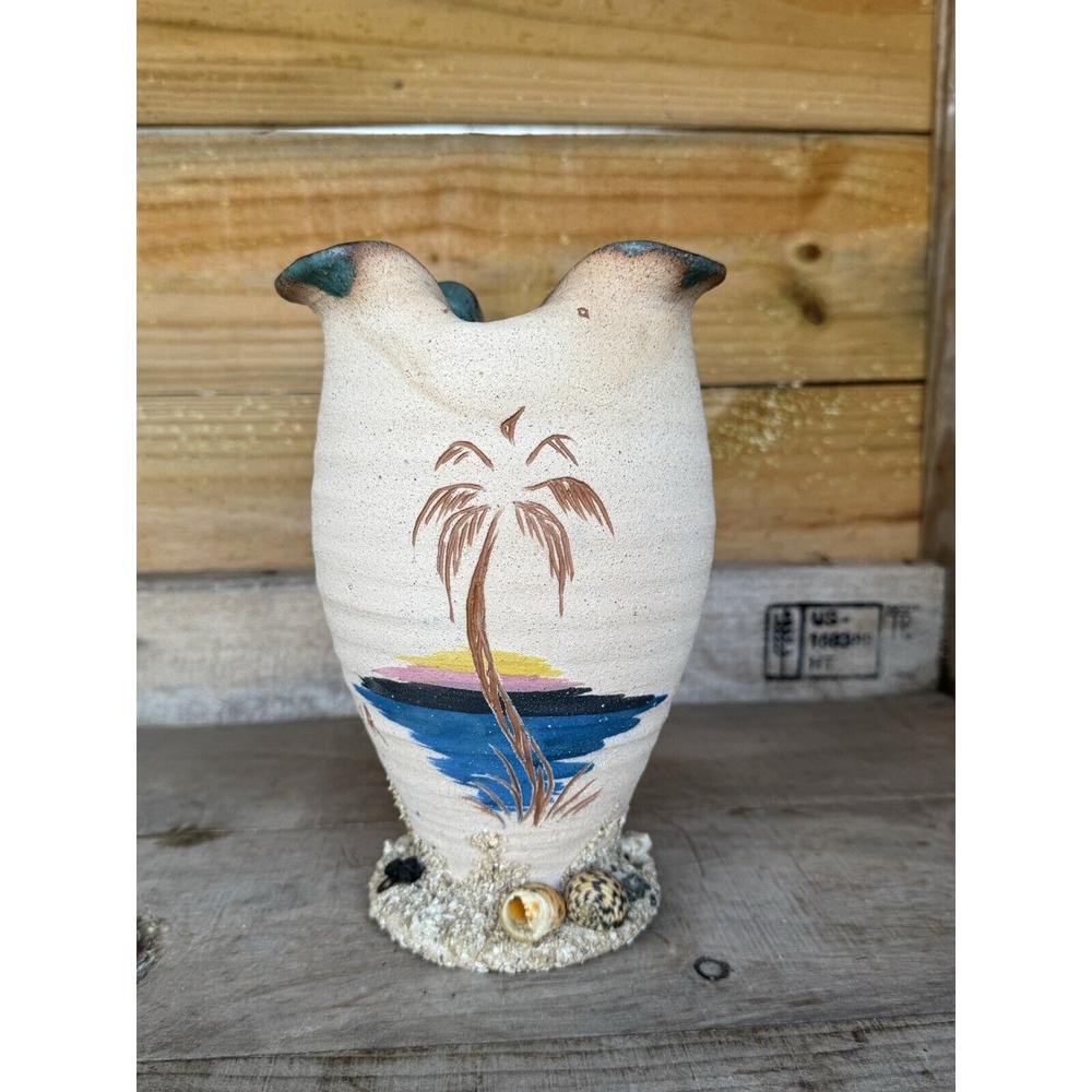 Jamaica Hand Made Tropical Ceramic Pottery Vase Real‎ Sand and Seashells